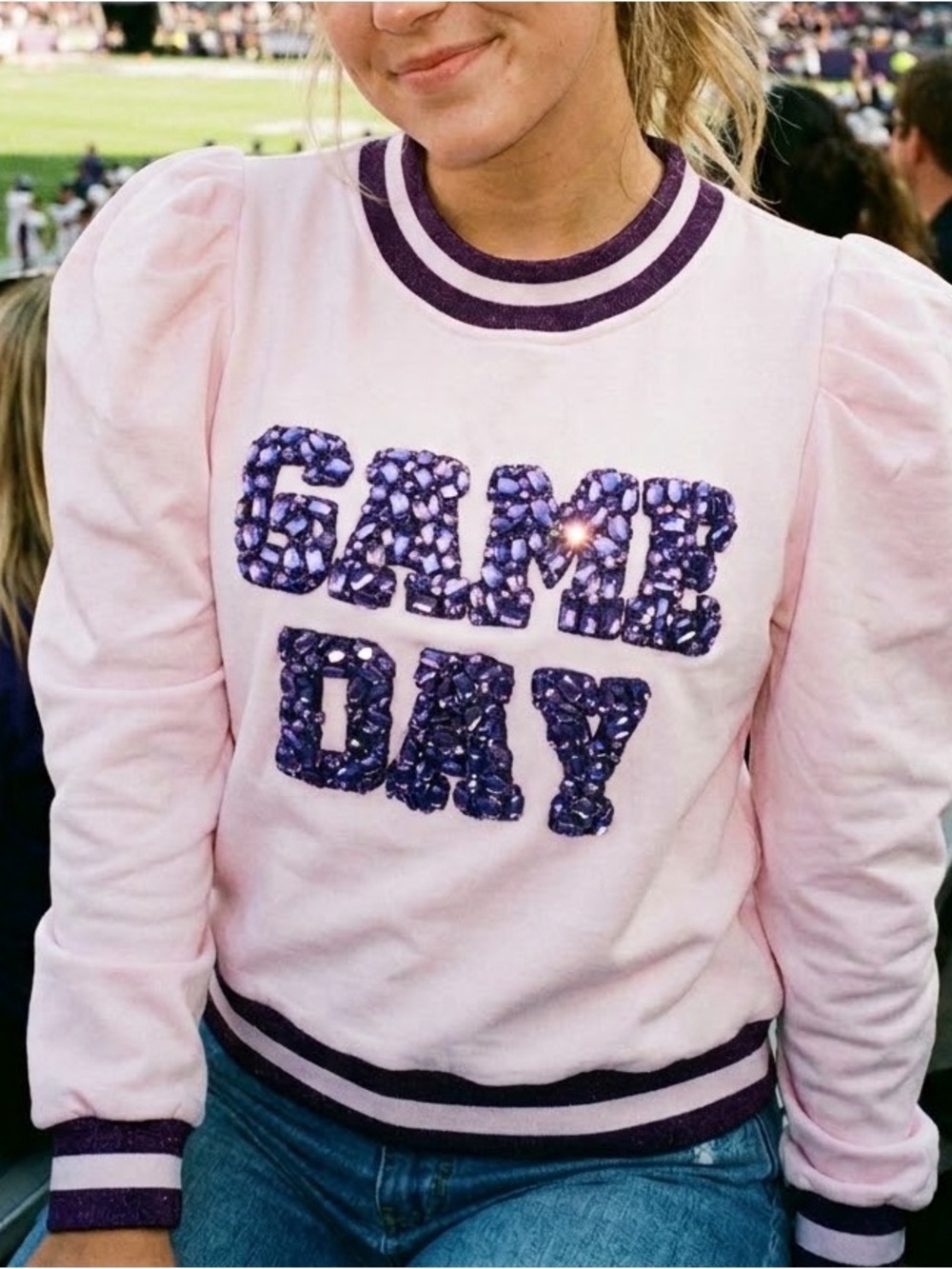 Queen of Sparkles Game Day Rhinestone Puff Sleeve Pink Purple Sweatshirt Medium - Picture 10 of 10